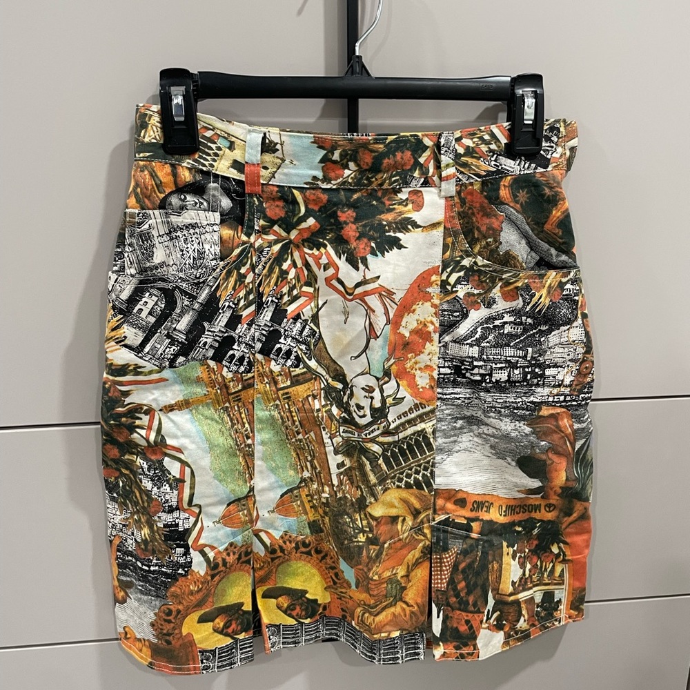 Vintage 90s Moschino Jeans mini skirt in Italian postcard print with box pleats